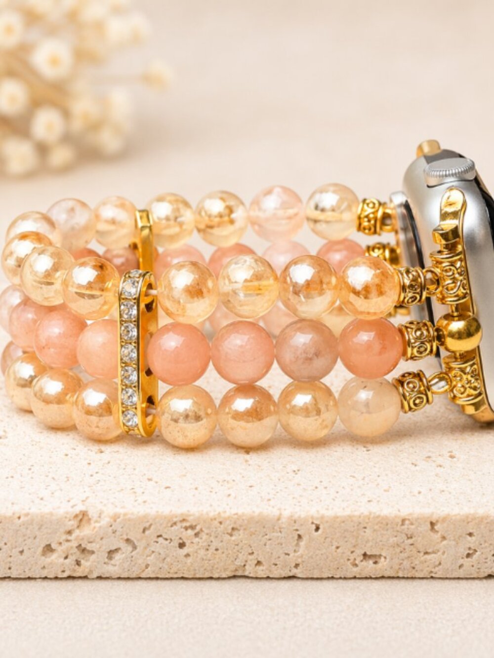 Apple Watch Band 38/40mm Sunstone Champagne Agate Beaded Crystal Steel Bracelet